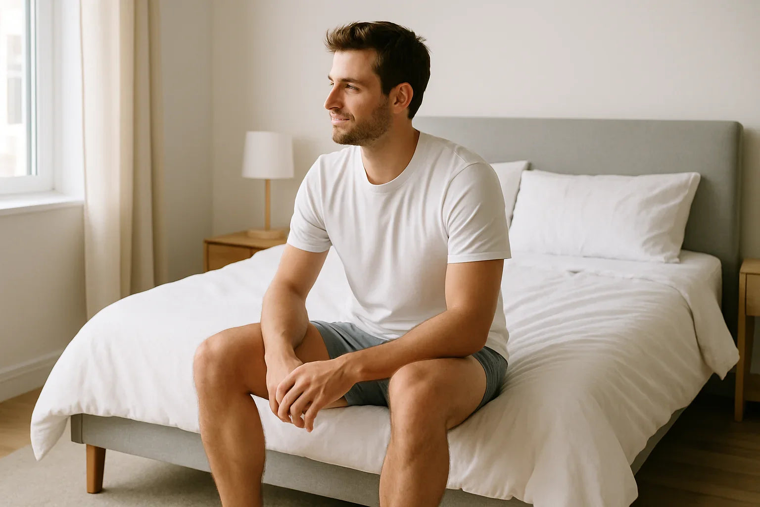 man-on-a-bed-in-underware @ Happytoys Sexshop: online sex shop for Feeling Happy & Easy 😊 the erotic store owned by a woman